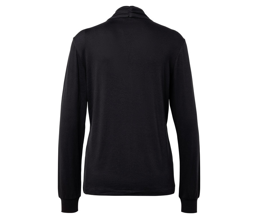 Rückansicht eines schwarzen Langarmshirts mit Rollkragen.