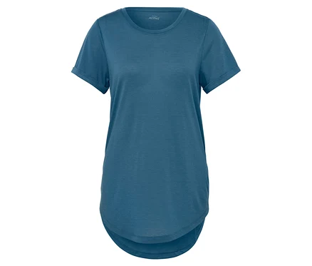 Blaues T-Shirt mit kurzen Ärmeln und Rundhalsausschnitt.