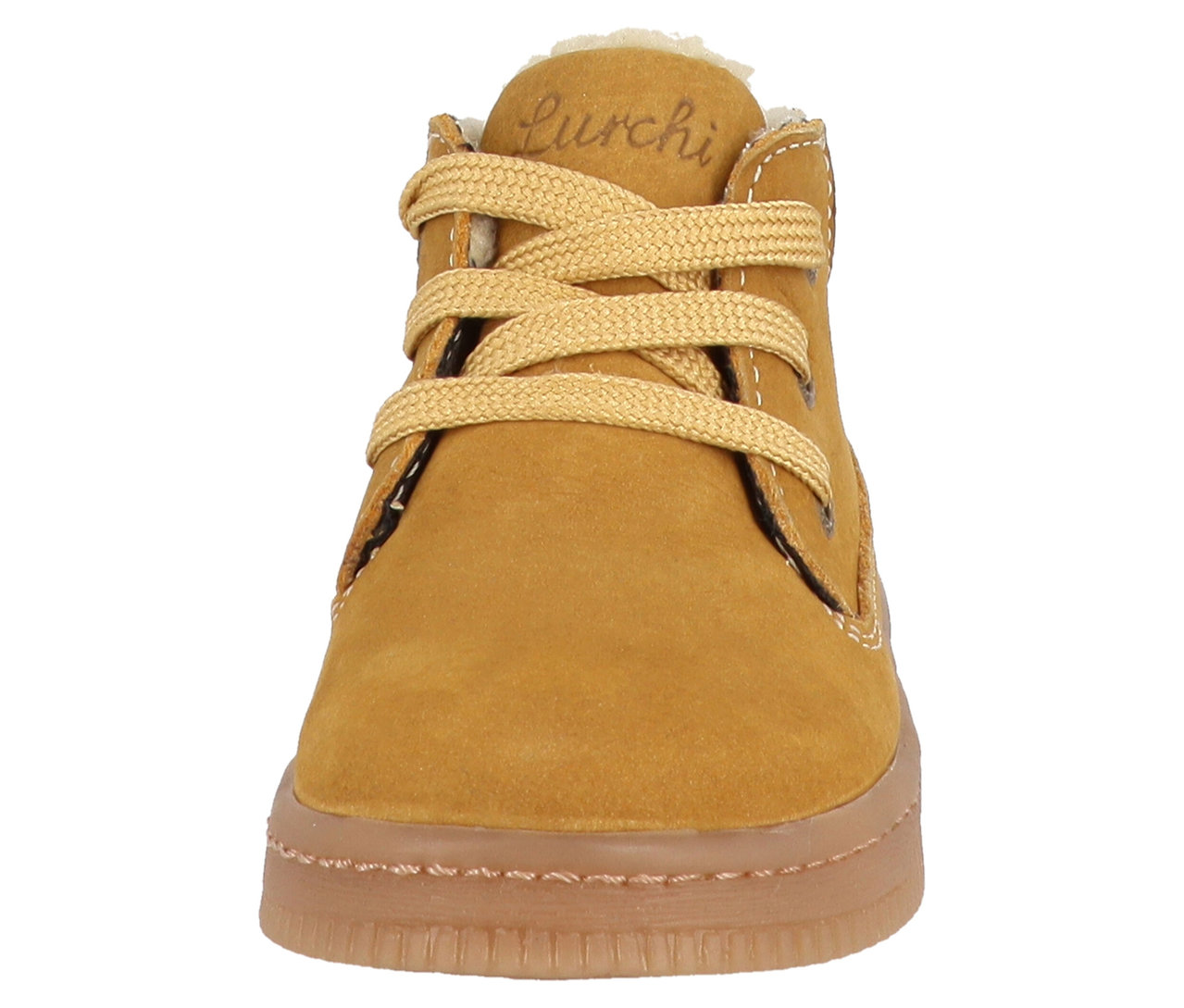 Gelber LURCHI »Fleximo Barefoot-TEX« Schuh mit brauner Sohle und Schnürsenkeln.
