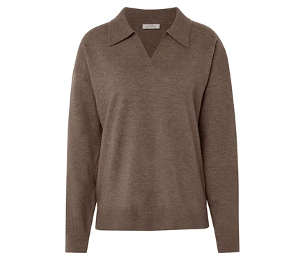 Brauner Strickpullover mit Polokragen.