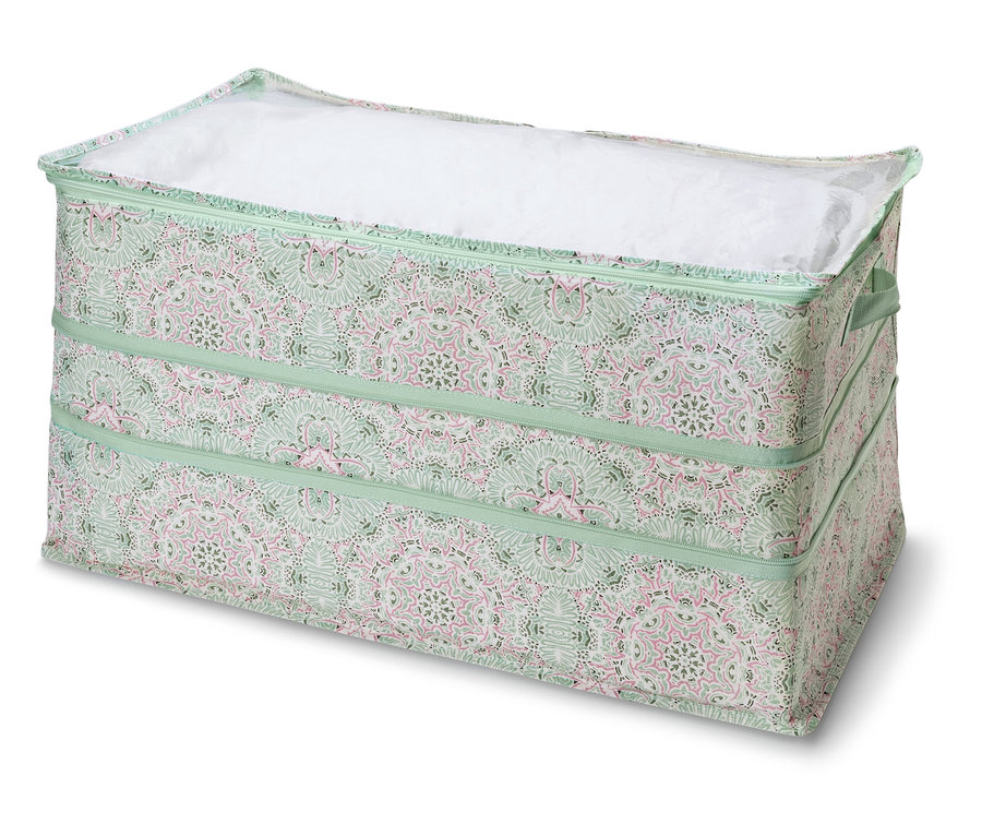 Gezeigt wird eine Jumbo-Aufbewahrung mit Deckel, mit grünem Muster und rosafarbenen Details.