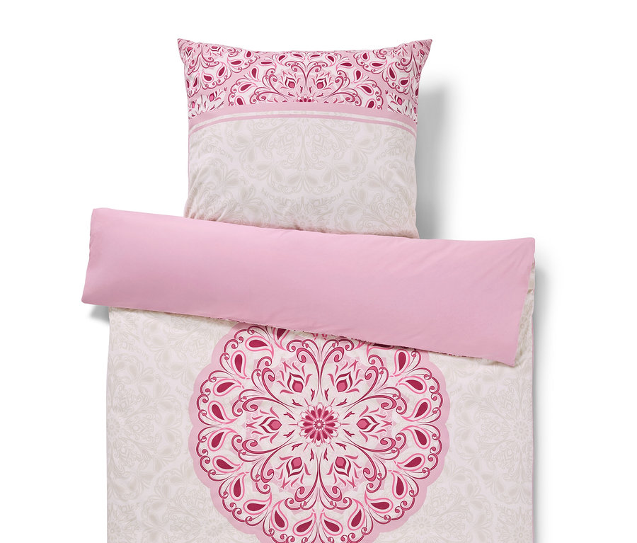 Rosa und grüne Renforcé-Bettwäsche mit Mandala in Normal- und Übergröße.