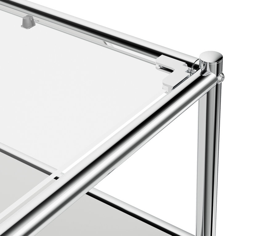 Detailansicht des weißen Lowboards Metall »CN3« mit Klappenfach und Glasplatte.