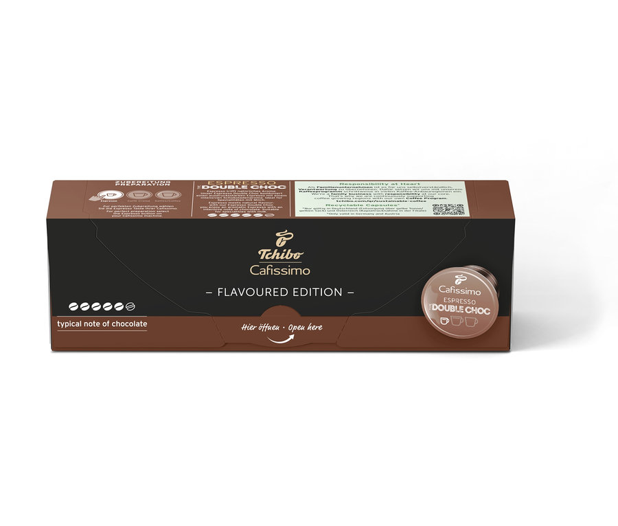 Eine Packung Cafissimo Flavoured Espresso Double Choc - 80 Kapseln und eine Packung Cafissimo Flavoured Espresso Double Choc - 10 Kapseln.