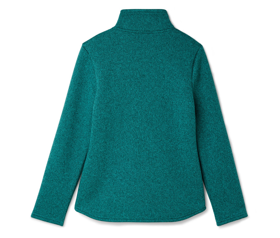 Rückansicht eines grünen Pullovers mit langen Ärmeln und Rollkragen.