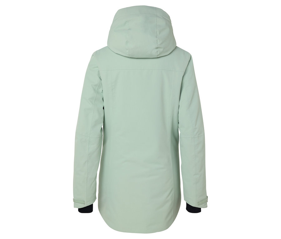 Rückansicht einer hellgrünen Jacke mit Kapuze.