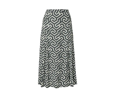 Bedruckter Midi-Rock mit geometrischem Muster in Grau und Weiss.