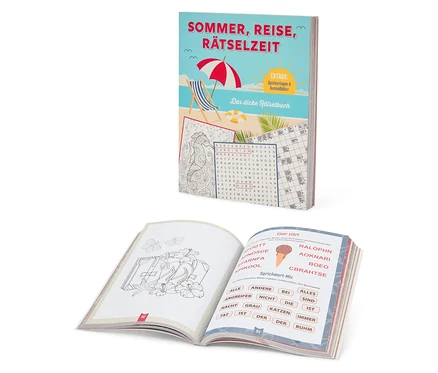 Zwei geöffnete Rätsel- und Malbücher.