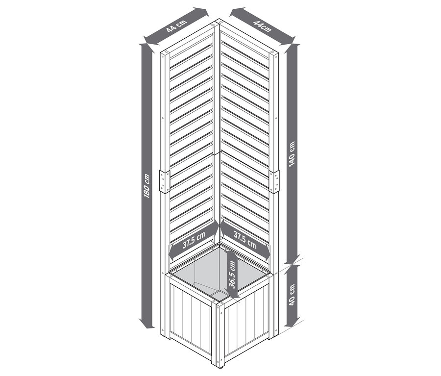 Schemazeichnung eines 2-in-1-Sichtschutz-Pflanzkasten-Moduls mit Maßen.