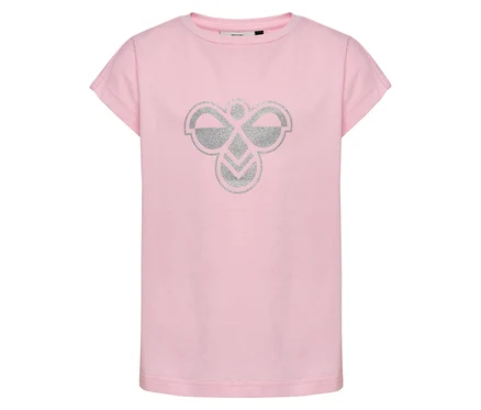Rosa hummel® HMLJR Reg T-Shirt Big Bee mit großem, silbernem Logo auf der Vorderseite.