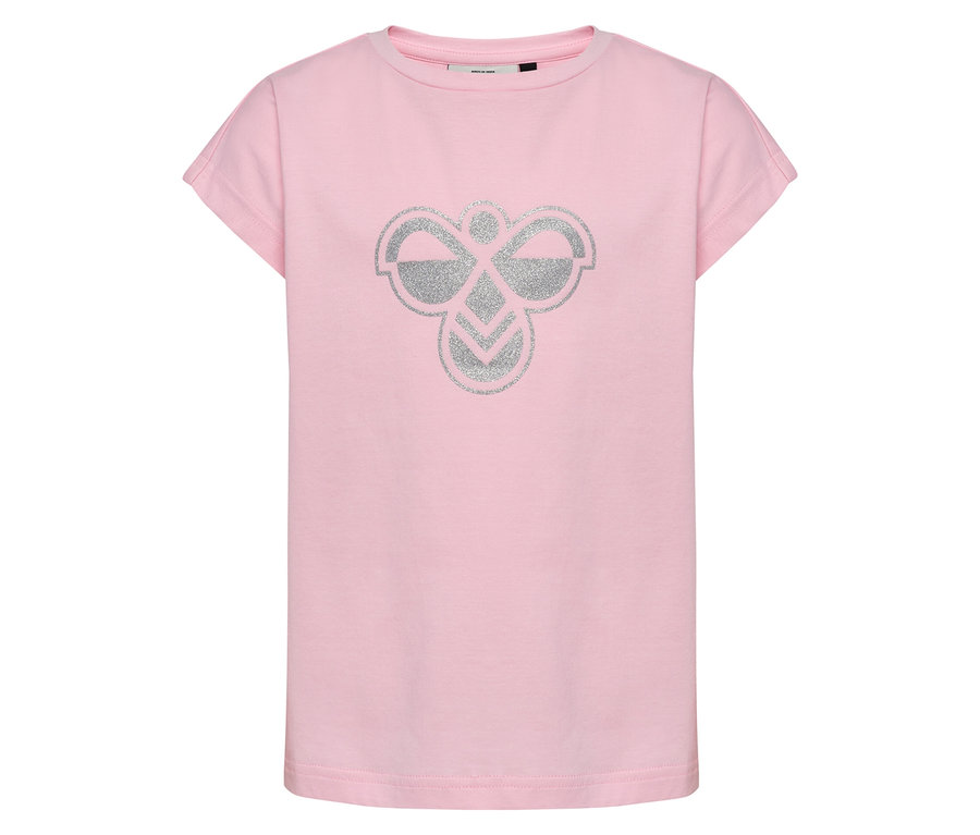 Rosa hummel® HMLJR Reg T-Shirt Big Bee mit großem, silbernem Logo auf der Vorderseite.