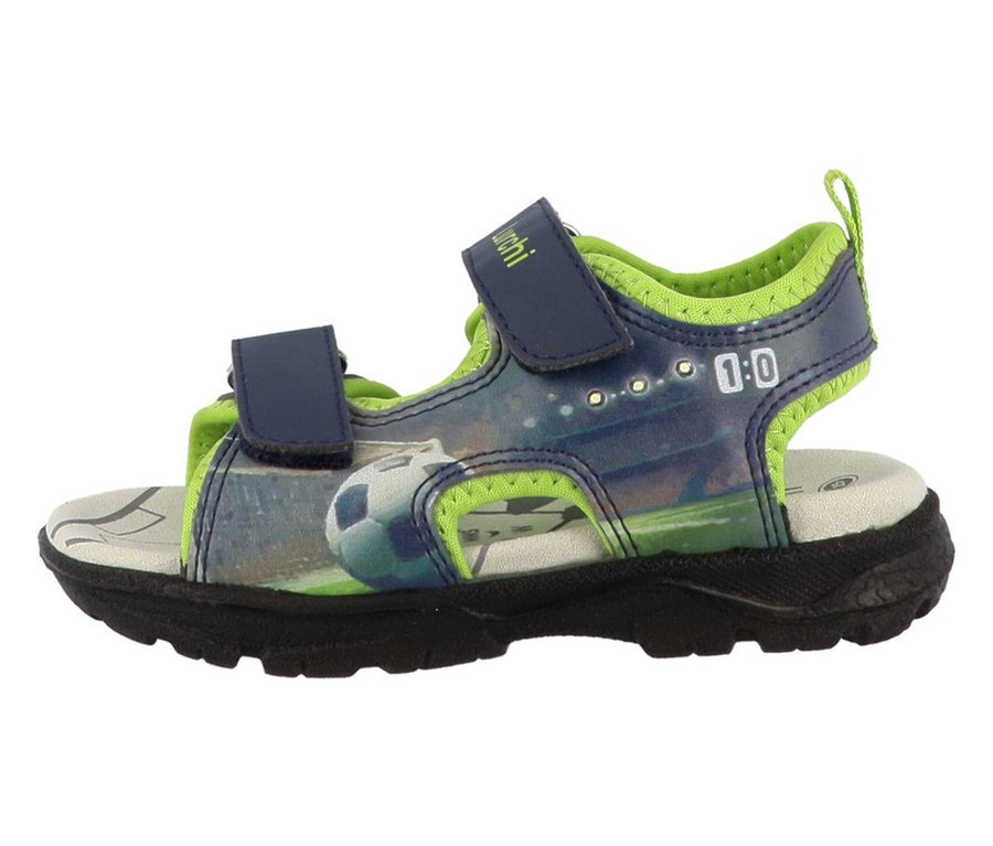 LURCHI Jungen-Sandalen »Keeper« in Dunkelblau und Limettengrün mit Fußballmotiv und Klettverschlüssen.