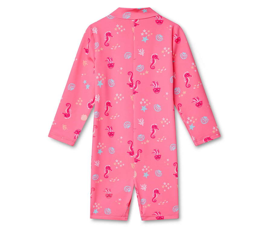 Ganzkörper-Badeanzug in Pink mit Seepferdchen-, Muschel- und Seesternmuster.