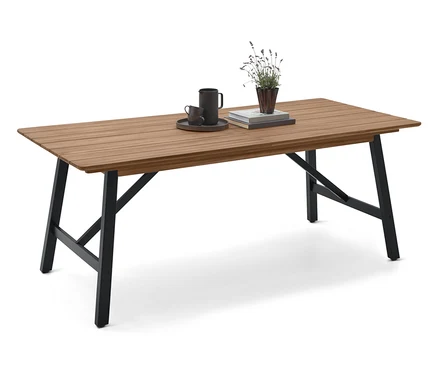 Auf einem Holztisch mit schwarzen Beinen stehen eine Tasse, eine Untertasse, ein Buch und eine Pflanze.