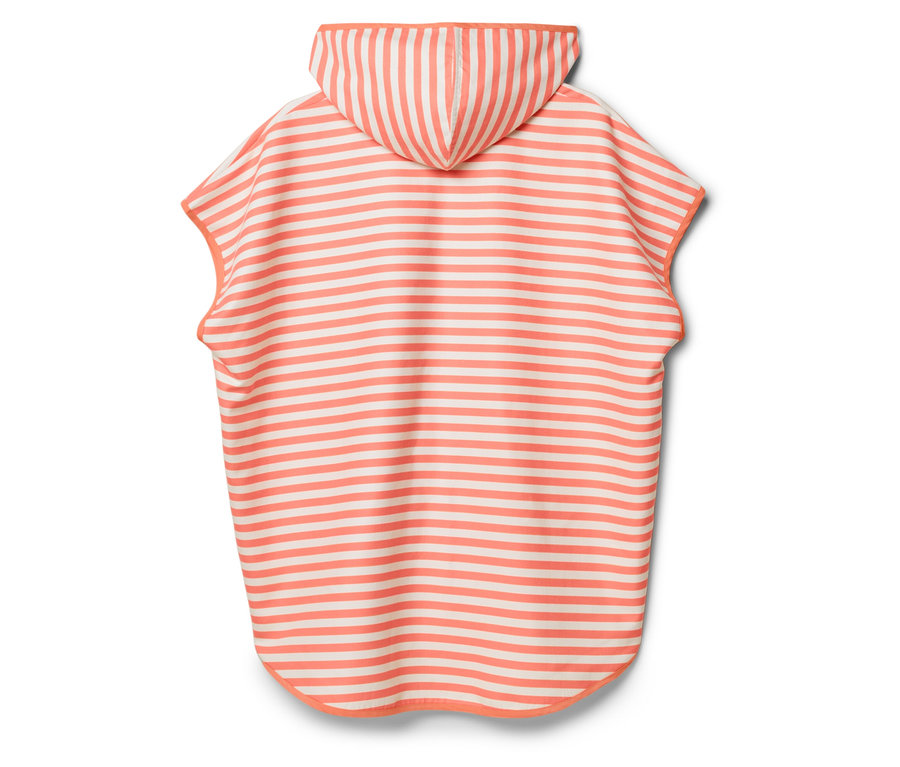 Handtuch-Poncho mit Kapuze, gestreift in Orange und Weiß von hinten.
