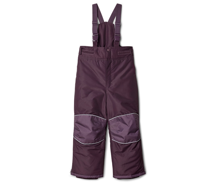 Freigestellte lila Skihose mit Hosenträgern und verstärkten Knien.