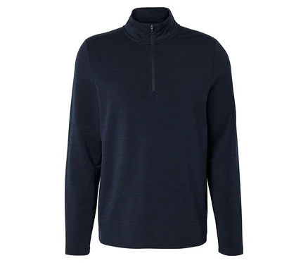 Dunkelblaues Langarmshirt mit Stehkragen und kurzem Reißverschluss.