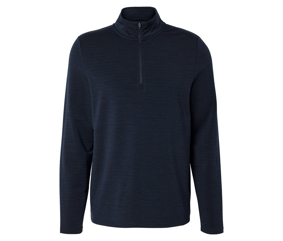 Dunkelblaues Langarmshirt mit Stehkragen und kurzem Reißverschluss.
