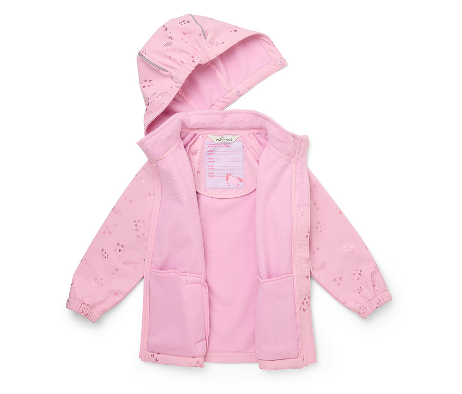 Geöffnete, hellrosa Kinderjacke mit Kapuze und Muster aus Sternen und Regenbögen.
