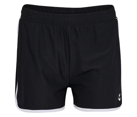 Schwarze HUMMEL Damen-Shorts mit Gummibund und weißen Streifen an den Seiten und am Saum.
