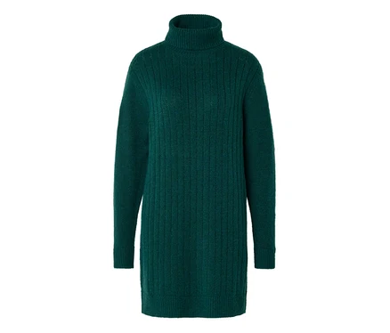 Dunkelgrünes Rippstrick-Rollkragenpulloverkleid.