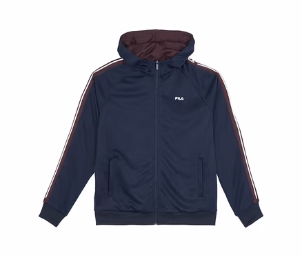 FILA Herren-Trainingsjacke in Marineblau mit bordeauxfarben gefütterter Kapuze und weißen, bordeauxfarbenen Ärmelstreifen.