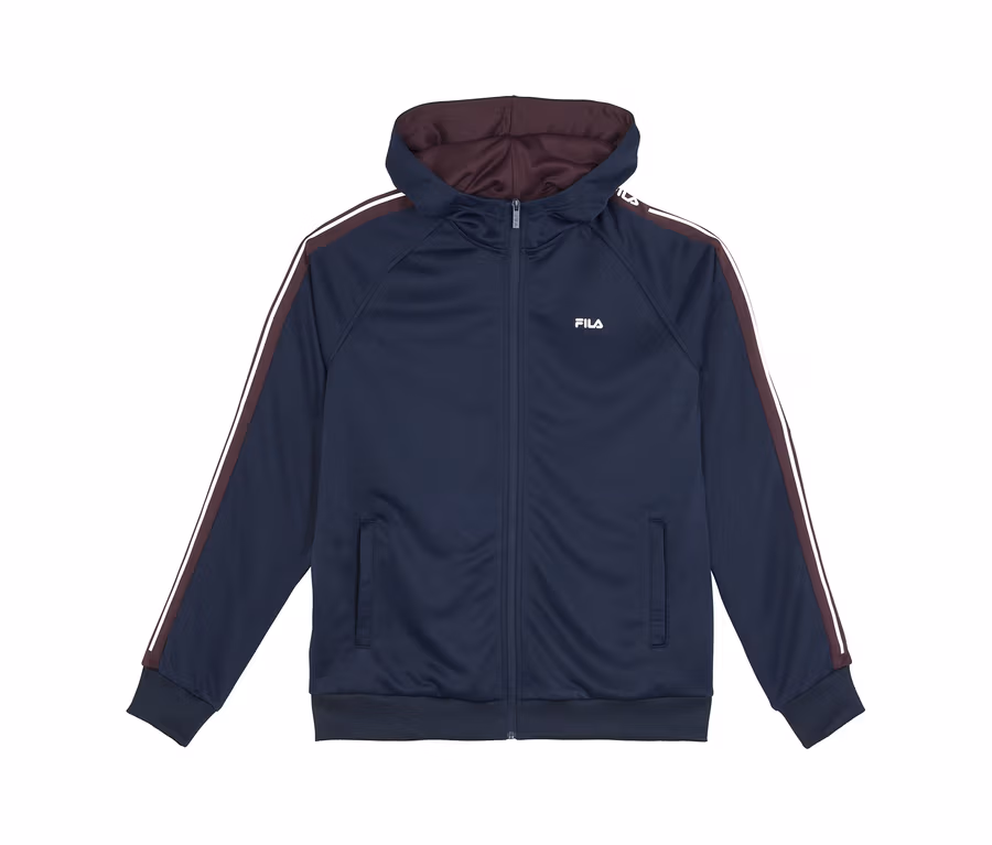 FILA Herren-Trainingsjacke in Marineblau mit bordeauxfarben gefütterter Kapuze und weißen, bordeauxfarbenen Ärmelstreifen.