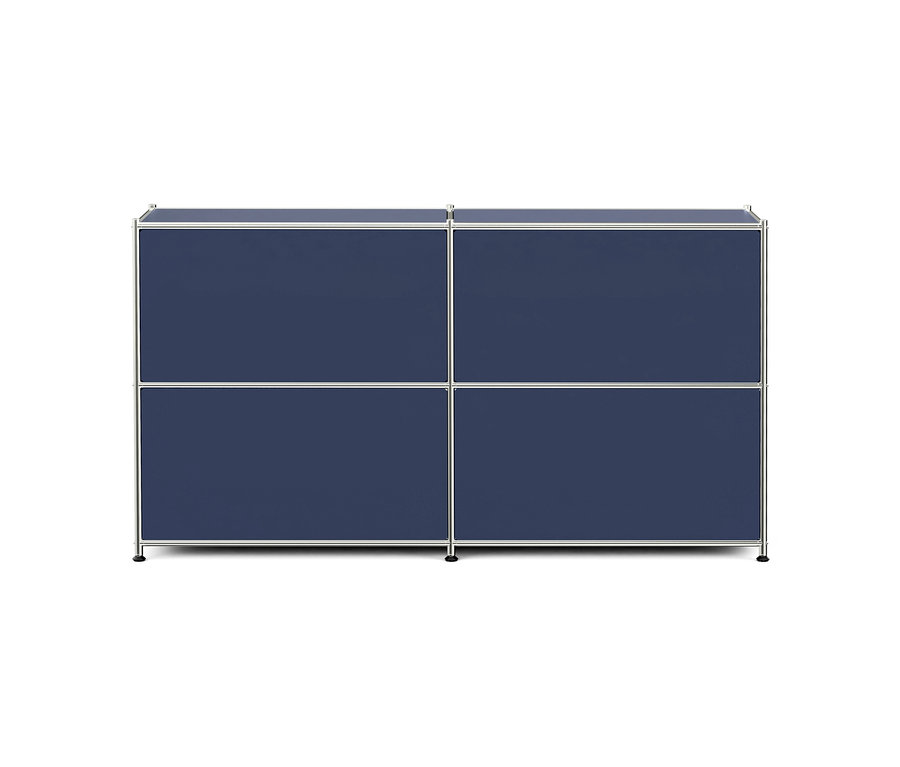 Dunkelblauer modularer Schrank mit vier Fächern und silberfarbenem Rahmen auf weißem Hintergrund.