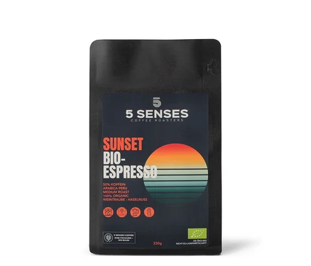 Eine 250g Packung 5 Senses - Sunset Bio-Espresso koffeinreduziert - Ganze Bohne.