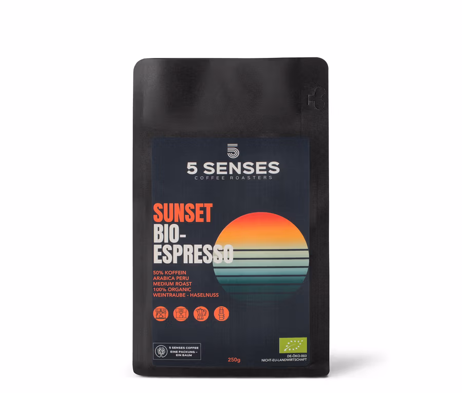 Eine 250g Packung 5 Senses - Sunset Bio-Espresso koffeinreduziert - Ganze Bohne.