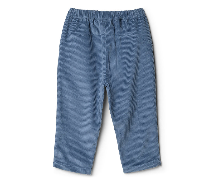 Blaue Cordhose mit elastischem Bund, von hinten gezeigt.