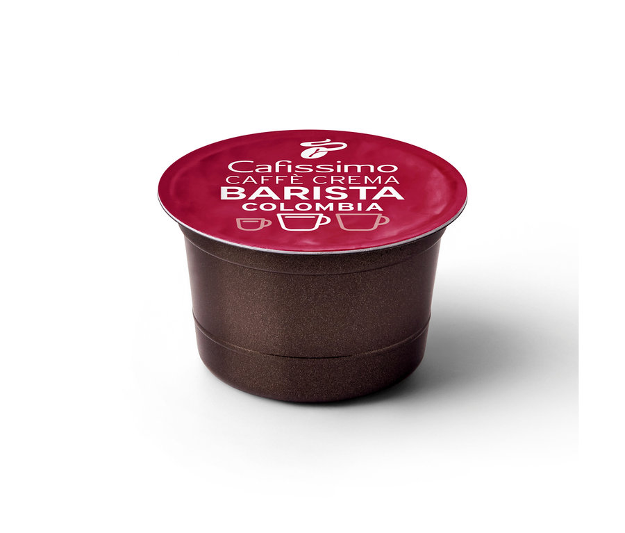 Dunkelbraune Cafissimo BARISTA Caffè Crema Colombia Kapsel mit rotem Deckel und weißer Schrift.