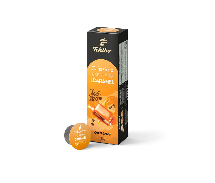Eine Packung Cafissimo Flavoured Edition – Espresso Caramel mit zehn Kapseln.