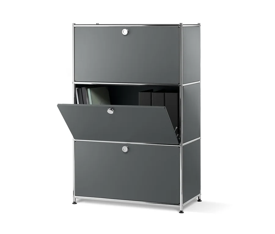 Graues Metallregal mit 3 Klappfächern, von denen eines geöffnet ist.