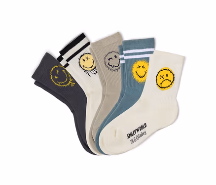 Fünf Paar SMILEYWORLD® Kinder-Tennissocken in Weiß, Grau und Petrol, aufgefächert. Jede Socke zeigt ein anderes, verwaschenes gelbes oder graues Smiley-Gesicht, einige mit gestreiften Bündchen.