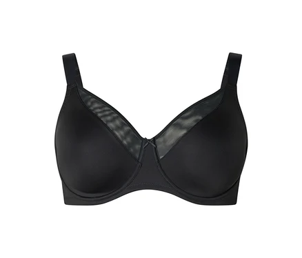 Schwarzer BH mit blickdichten Cups, transparenten Netzeinsätzen an den oberen Cups und einer kleinen Schleife in der Mitte.