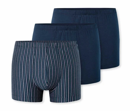 Drei SCHIESSER Shorts in Dunkelblau, eine davon gestreift.