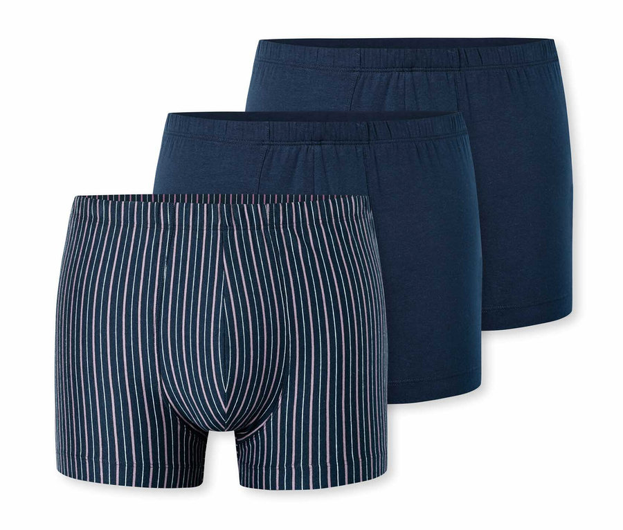 Drei SCHIESSER Shorts in Dunkelblau, eine davon gestreift.