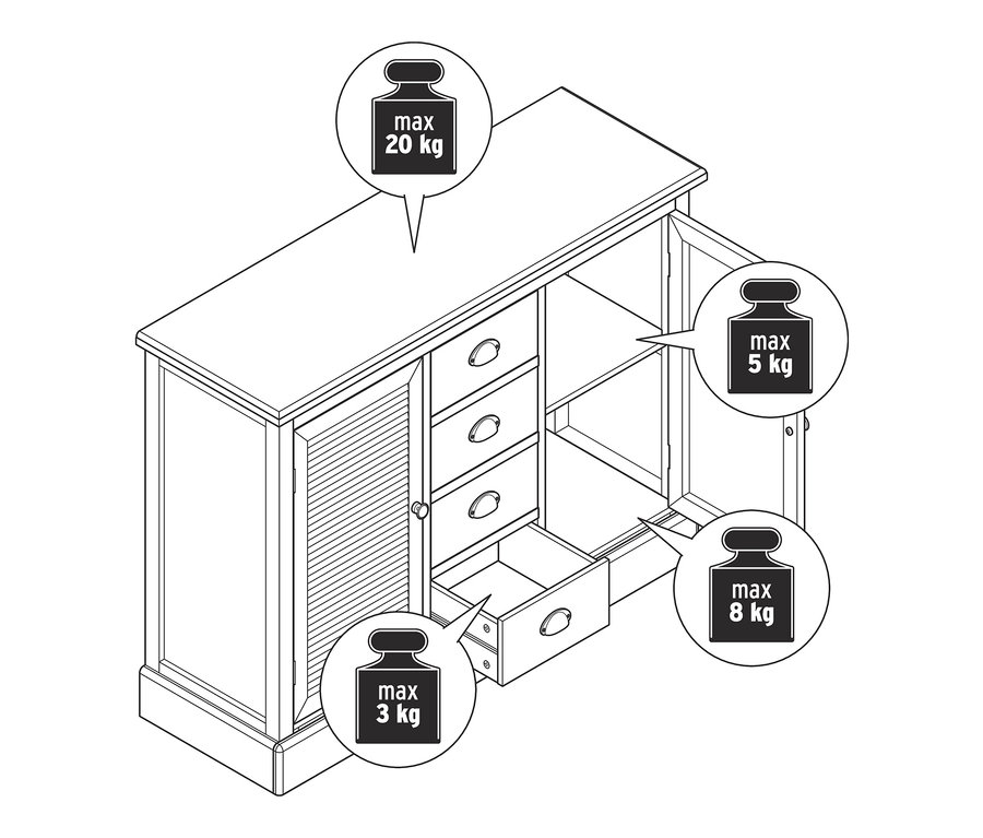 Zeichnung eines Sideboards in Lamellenoptik mit offenen Schubladen und Türen.