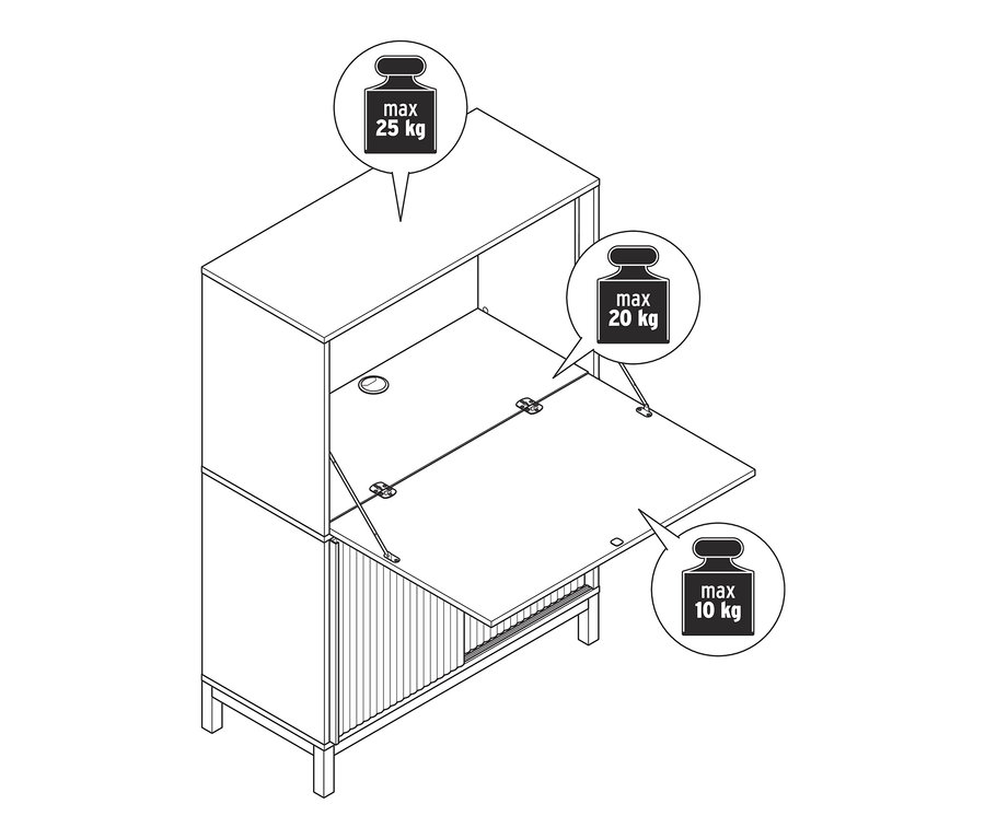 Skizze eines Sekretärs mit ausklappbarer Tischplatte und maximaler Tragfähigkeit von 25 kg oben, 20 kg auf der Platte und 10 kg im unteren Regal.