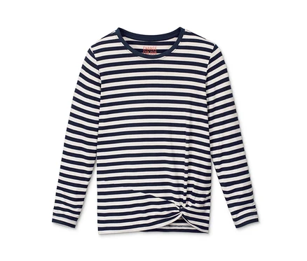 Blau-weiß gestreiftes Langarmshirt mit Knotendetail.