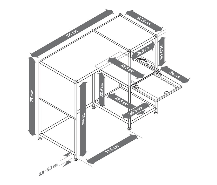 Abmessungen des Schreibtischs Metall »CN3« mit Klapptür.