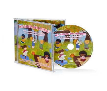CD »Wir feiern den Herbst!« Cover mit Zeichentrickfiguren von Kindern in Herbstlandschaft.