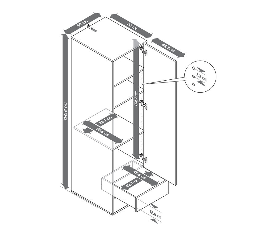 Abbildung eines schmalen Kleiderschranks Flemming, mit offener Tür und Schublade, mit hervorgehobenen Abmessungen.