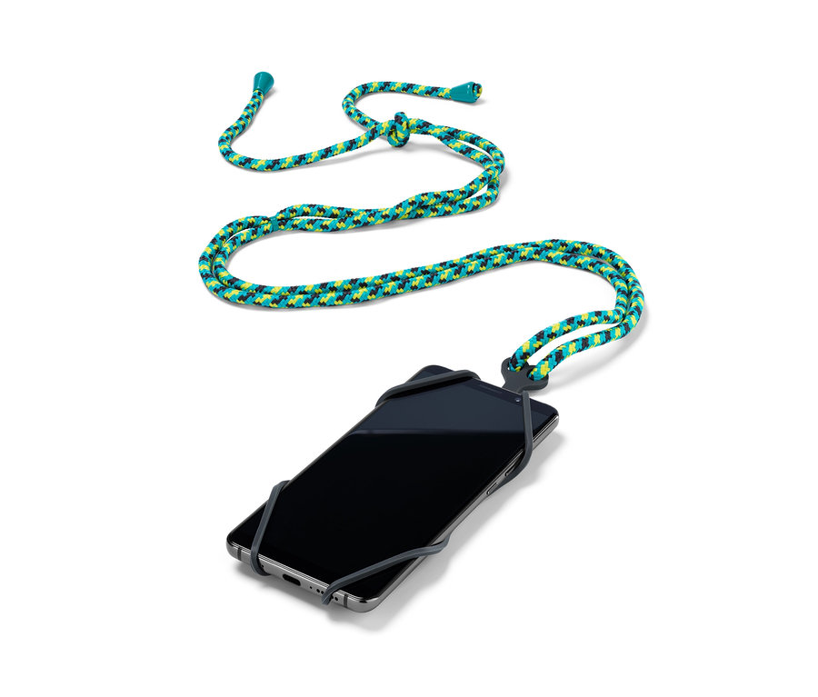 Schwarzes Smartphone mit Smartphone-Umhängeband.