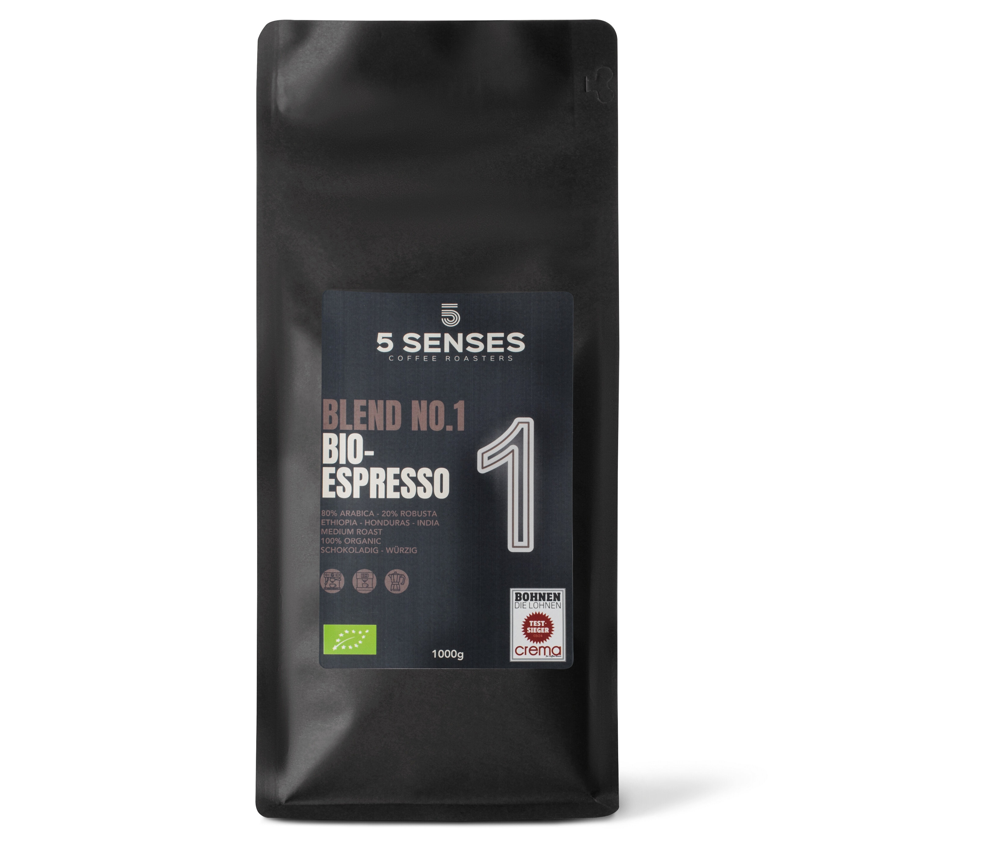 Eine 1 kg Packung 5 Senses - Blend No.1 Bio-Espresso - Ganze Bohne.