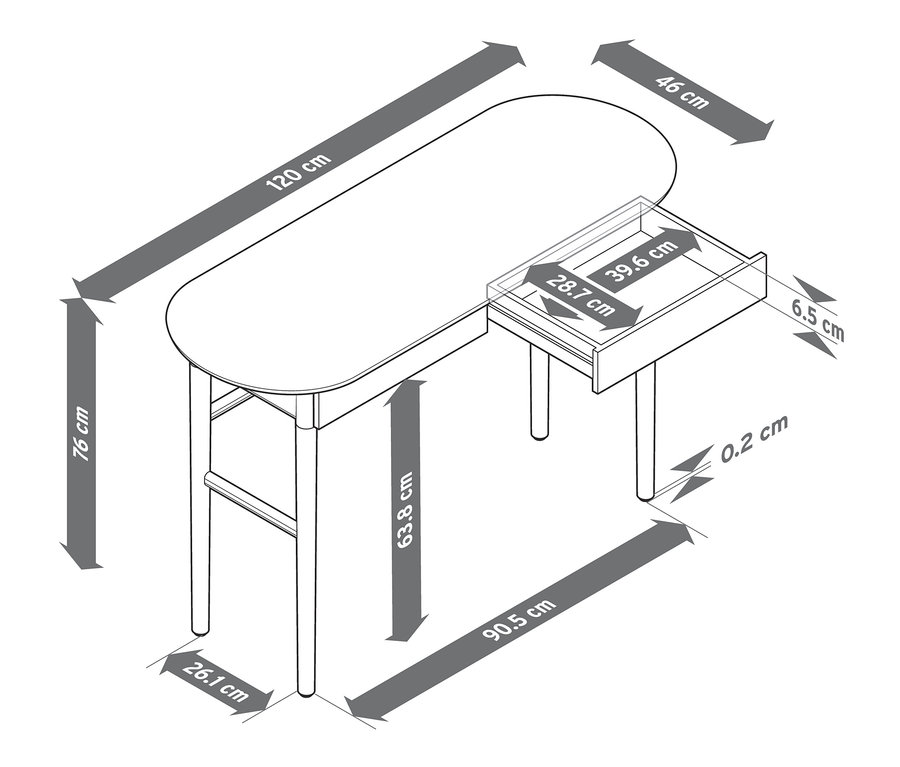 Abbildung eines Sekretärs mit Schubladen und den dazugehörigen Abmessungen.