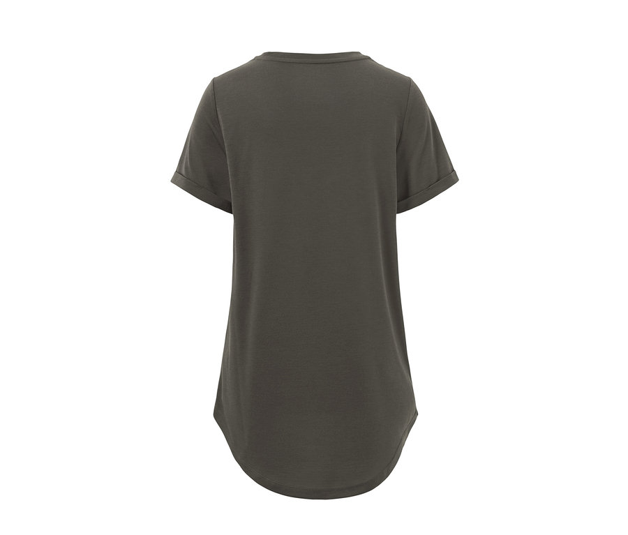 Rückansicht des olivgrünen Longshirts.