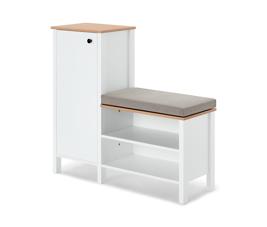 Eine Sitzbank mit Schuhschrank in Weiß mit einem grauen Sitzpolster.