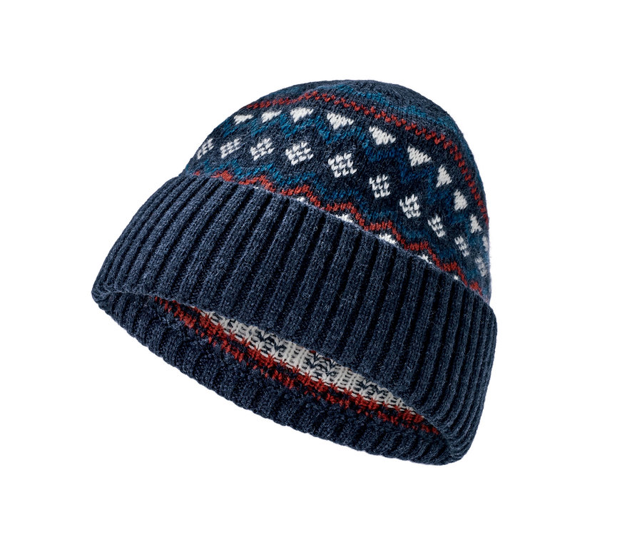 Blaue Strickmütze mit RWS-zertifizierter Wolle.